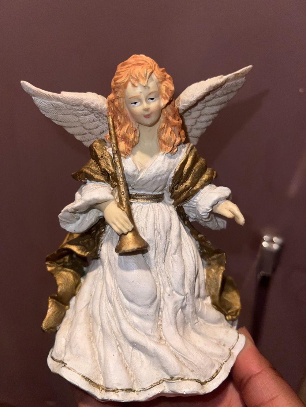 White & Gold Angel Figurine with Trumpet